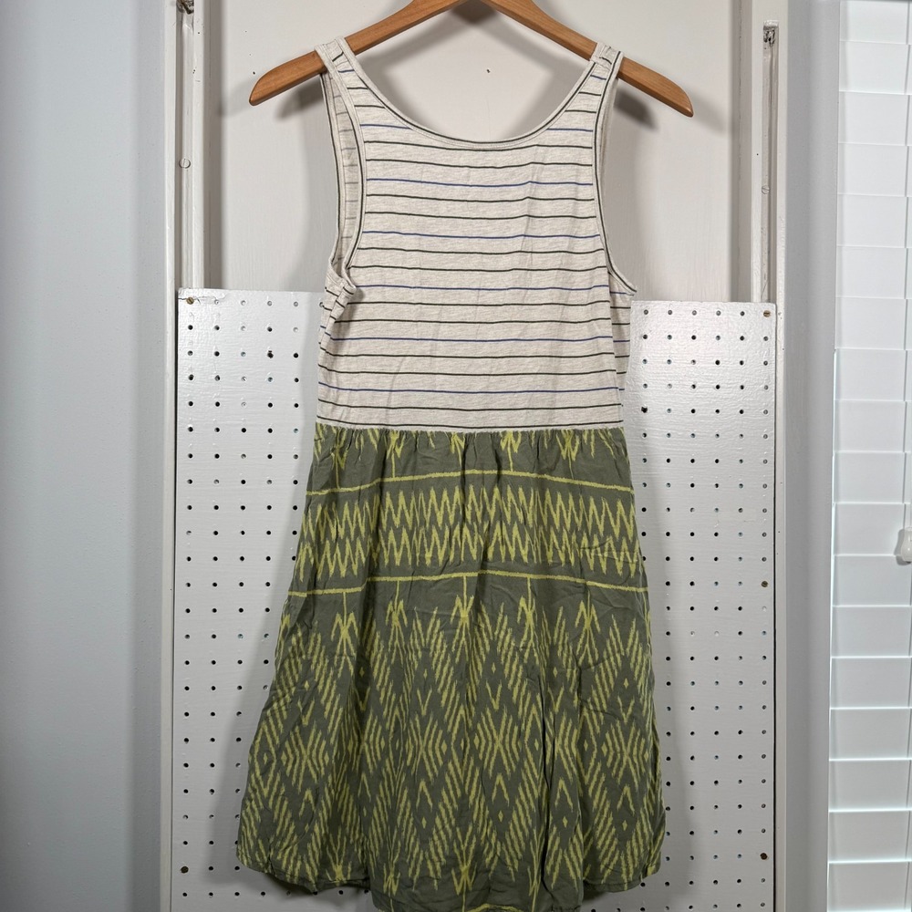 Roxy Tank Maxi Dress Women's White Green Striped Ikat Stretch Scoop Neck - Small